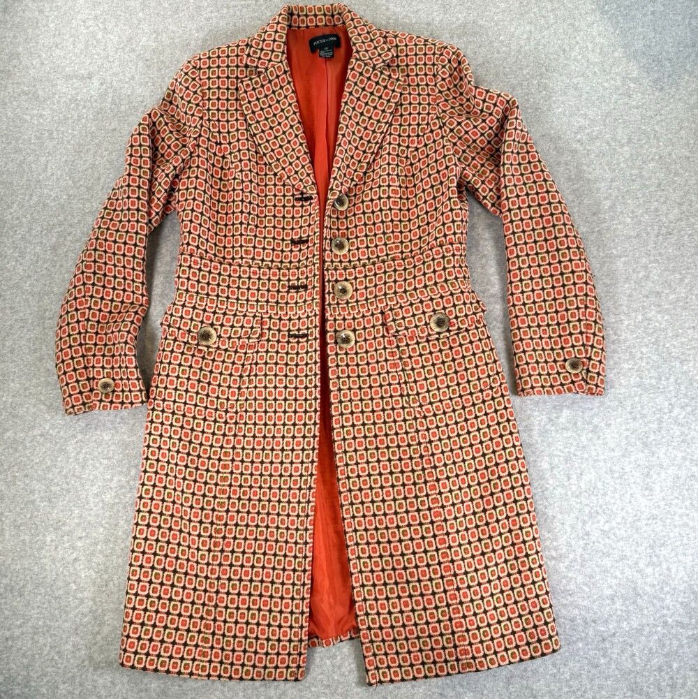 VTG Focus 2000 Geometric Trench Coat Midi Long Blazer Jacket Orange Red Y2k Twee